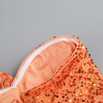 Orange Sequin One-Shoulder Floor-Length Gown