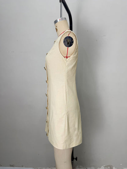 Pale Yellow Sleeveless Round Neck Star Shell Button Straight Mini Dress