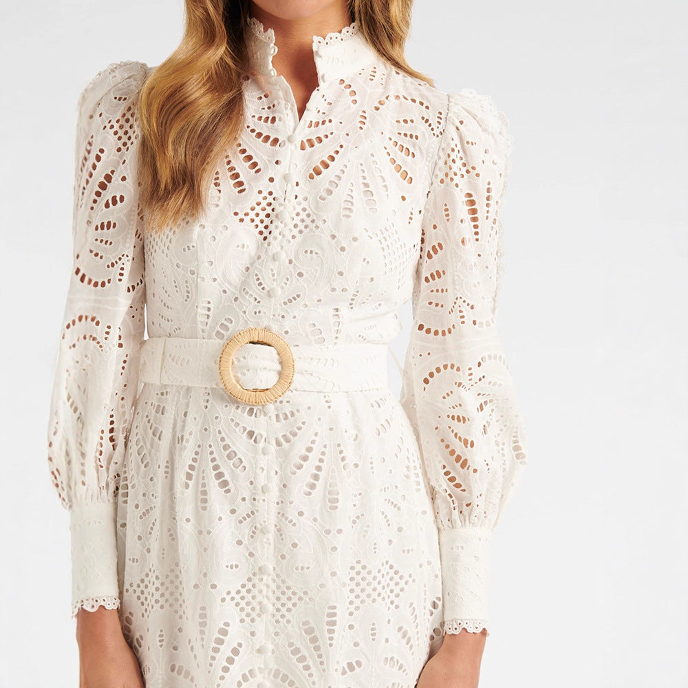 white embroidery lace collar waist lace dress