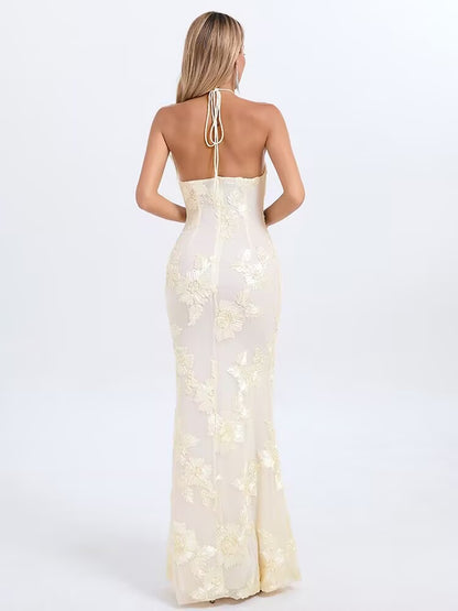 Nefertiti pale yellow tulle backless party mixi dress