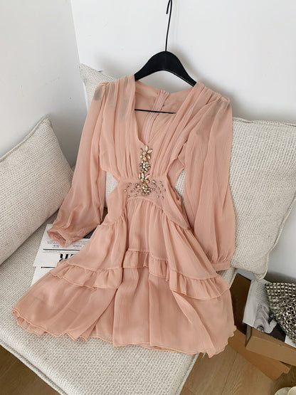 jessica  champagne pink chiffon rhinestone embellished mini dress
