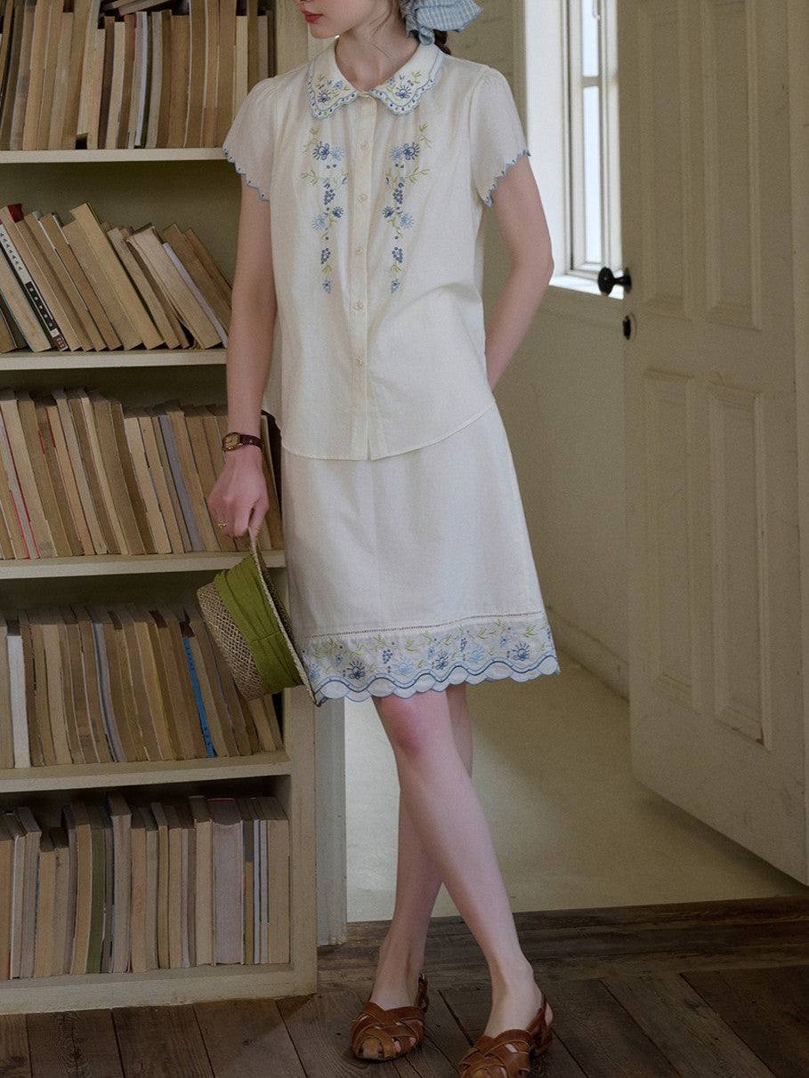 cotton doll collar cut embroidery set skirt