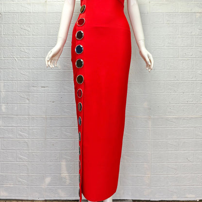 red heavy stretch crepe column dress