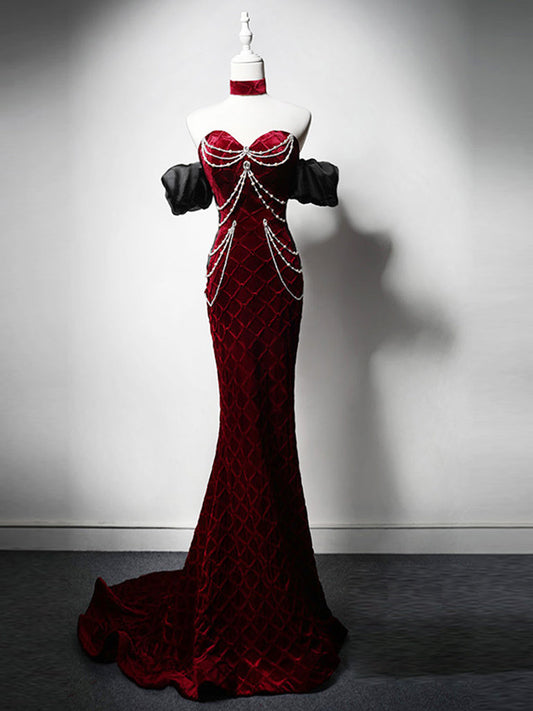 Mermaid Velvet Burgundy Long Prom Dress