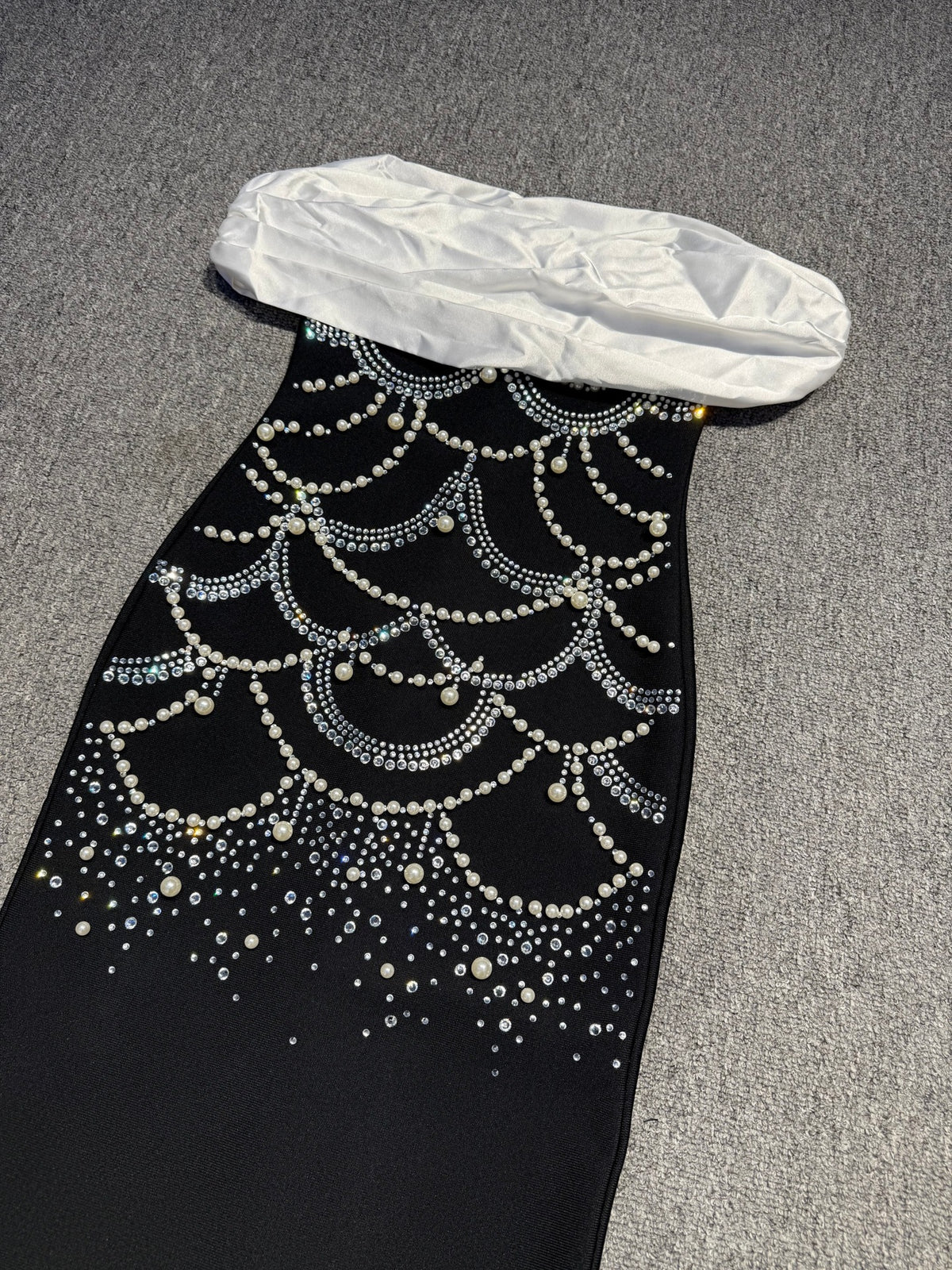 teresa beading rhinestone strapless midi dress in black