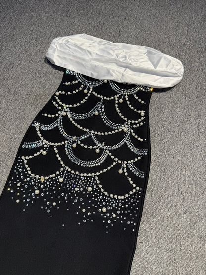 teresa beading rhinestone strapless midi dress in black
