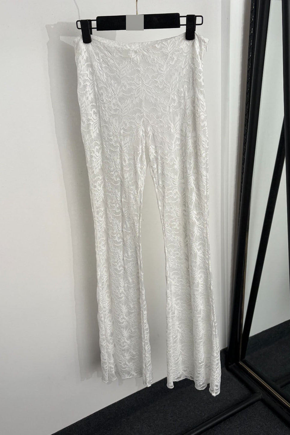 White Sheer Floral Lace Two-Piece Set - Halter Top & Flared Pants
