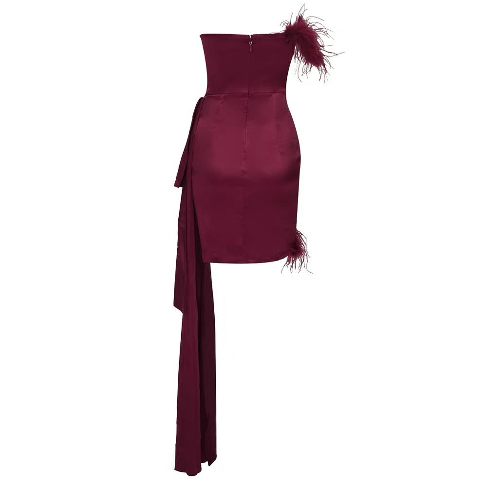 burgundy feather embellished strapless mini dress