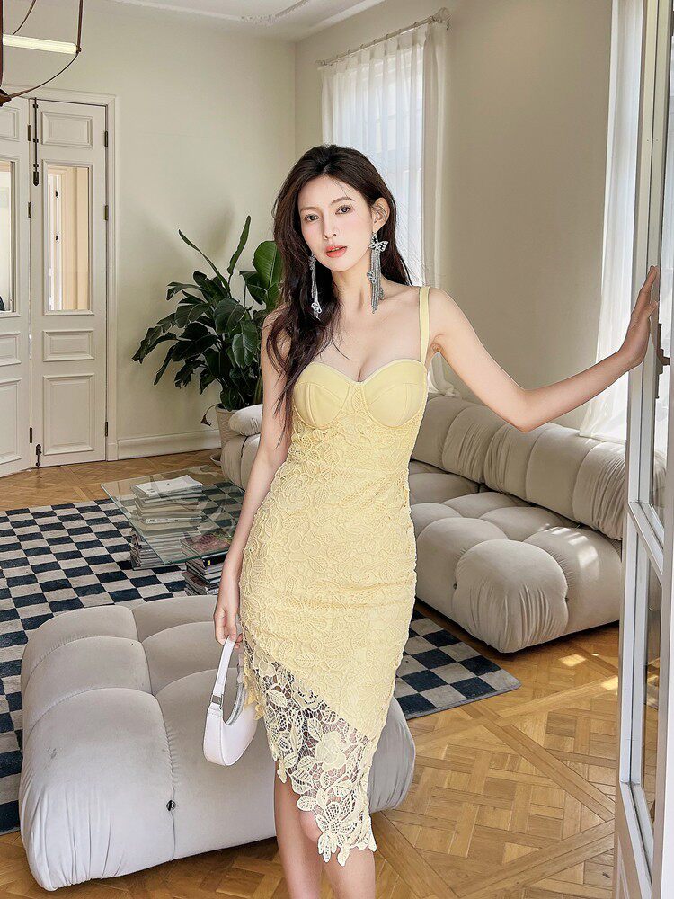 Dolores Openwork Lace Strappy Asymmetrical Midi Dress- yellow