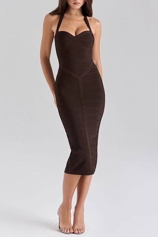 chocolate halter bodycon midi bandage dress