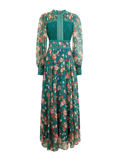 French retro green floral dress, high-end royal sister dress, dress skirt, light luxury, niche high-end long skirt women