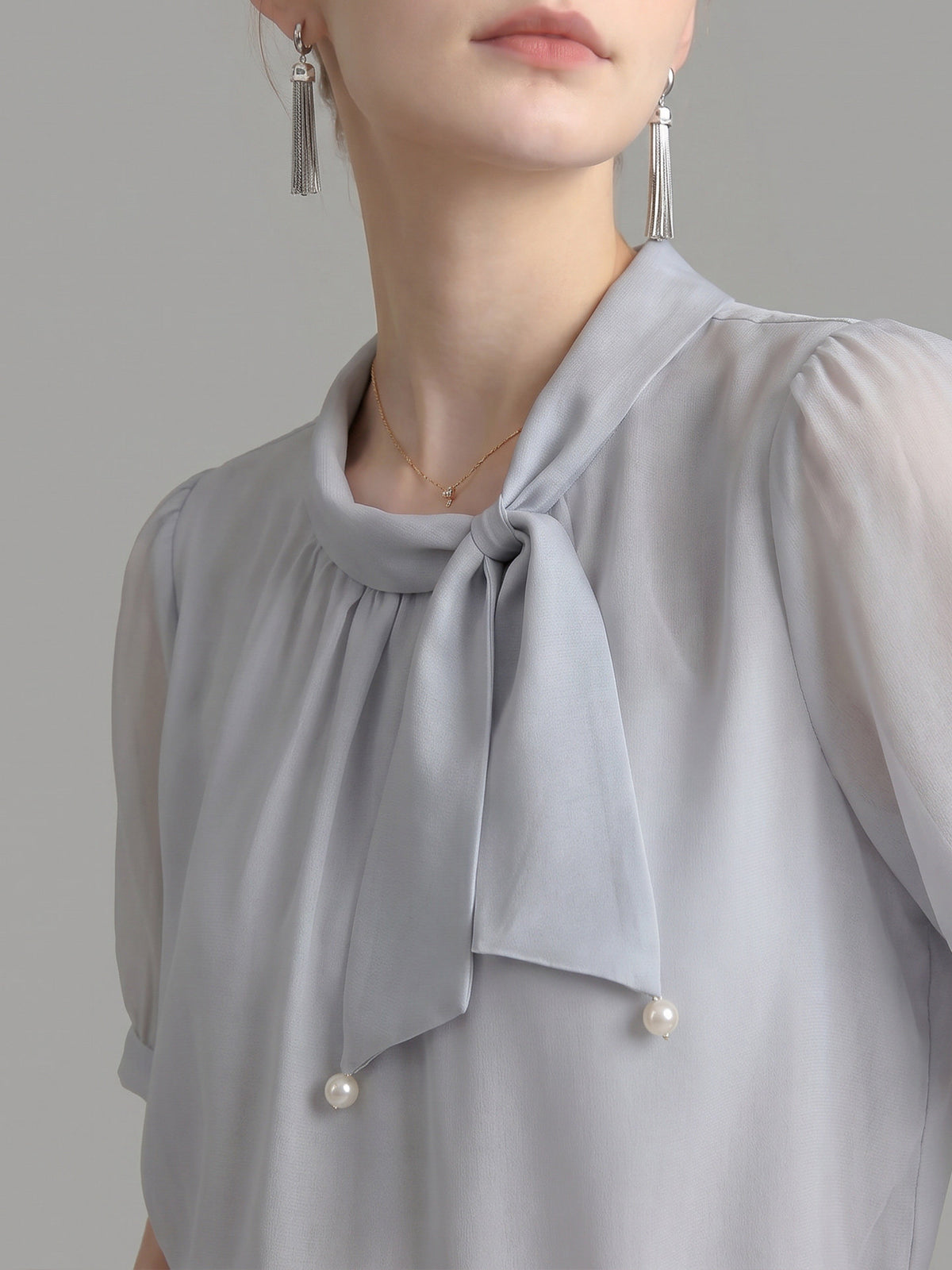 Pearl Decor Tie Neck Puff Short Sleeve Satin Blouse