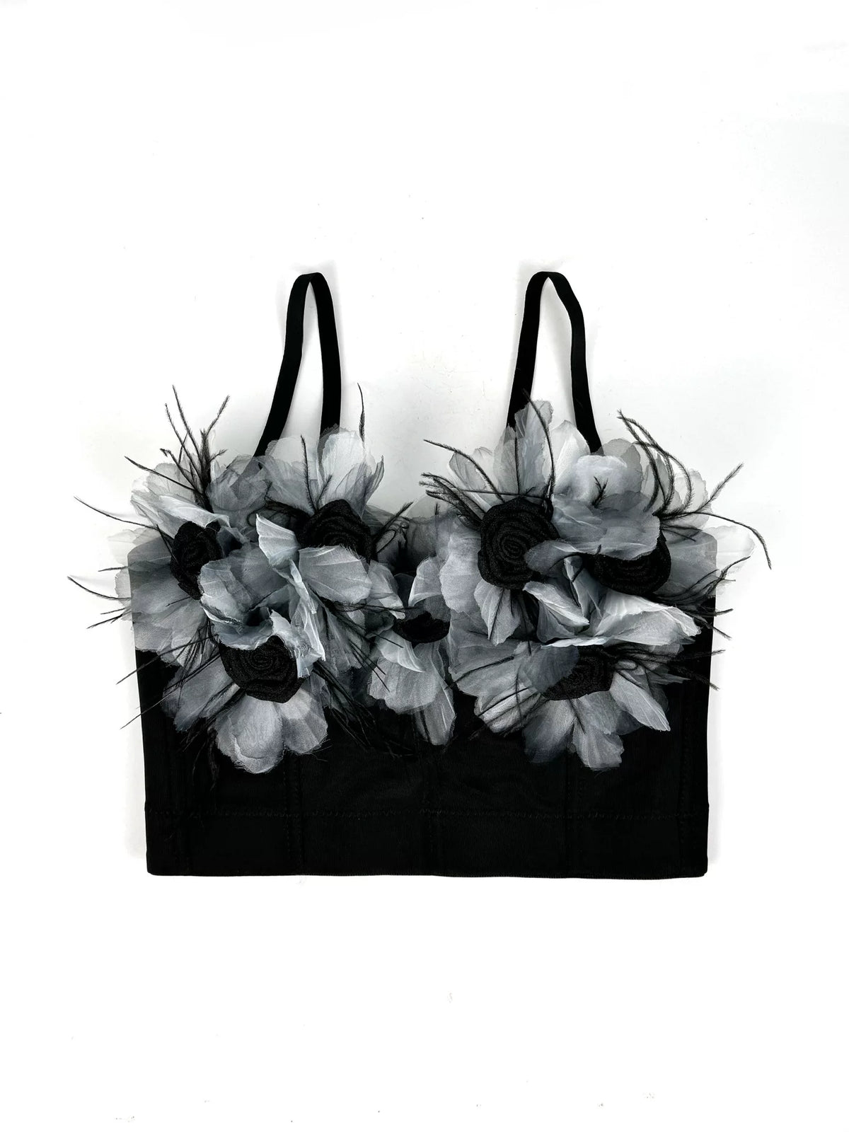 3D Floral Feather Spaghetti Strap Satin Corset Crop Top