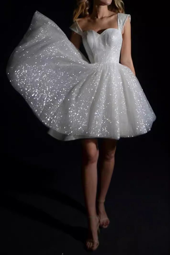 Amity White Sexy Sequined Short Princess Evening Gown Mini Dress