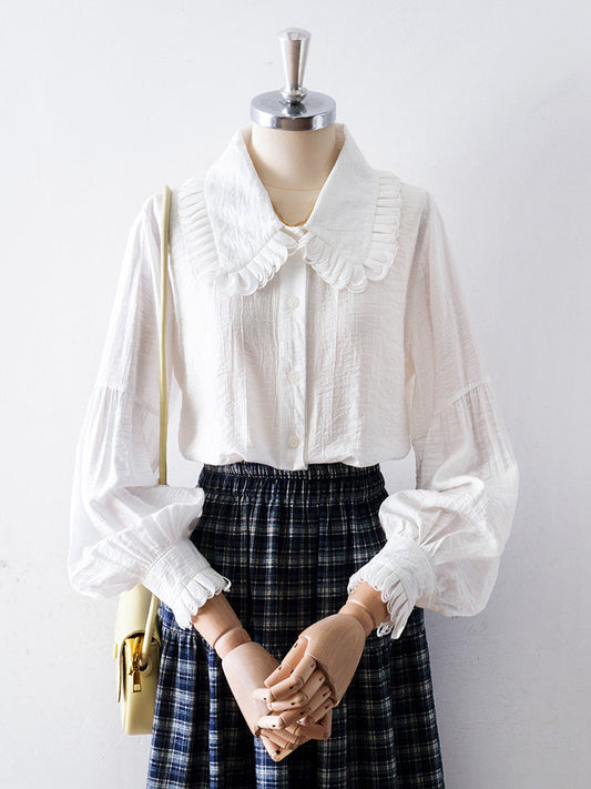 Ruffled Peter Pan Collar Puff Long Sleeve Crinkled Blouse