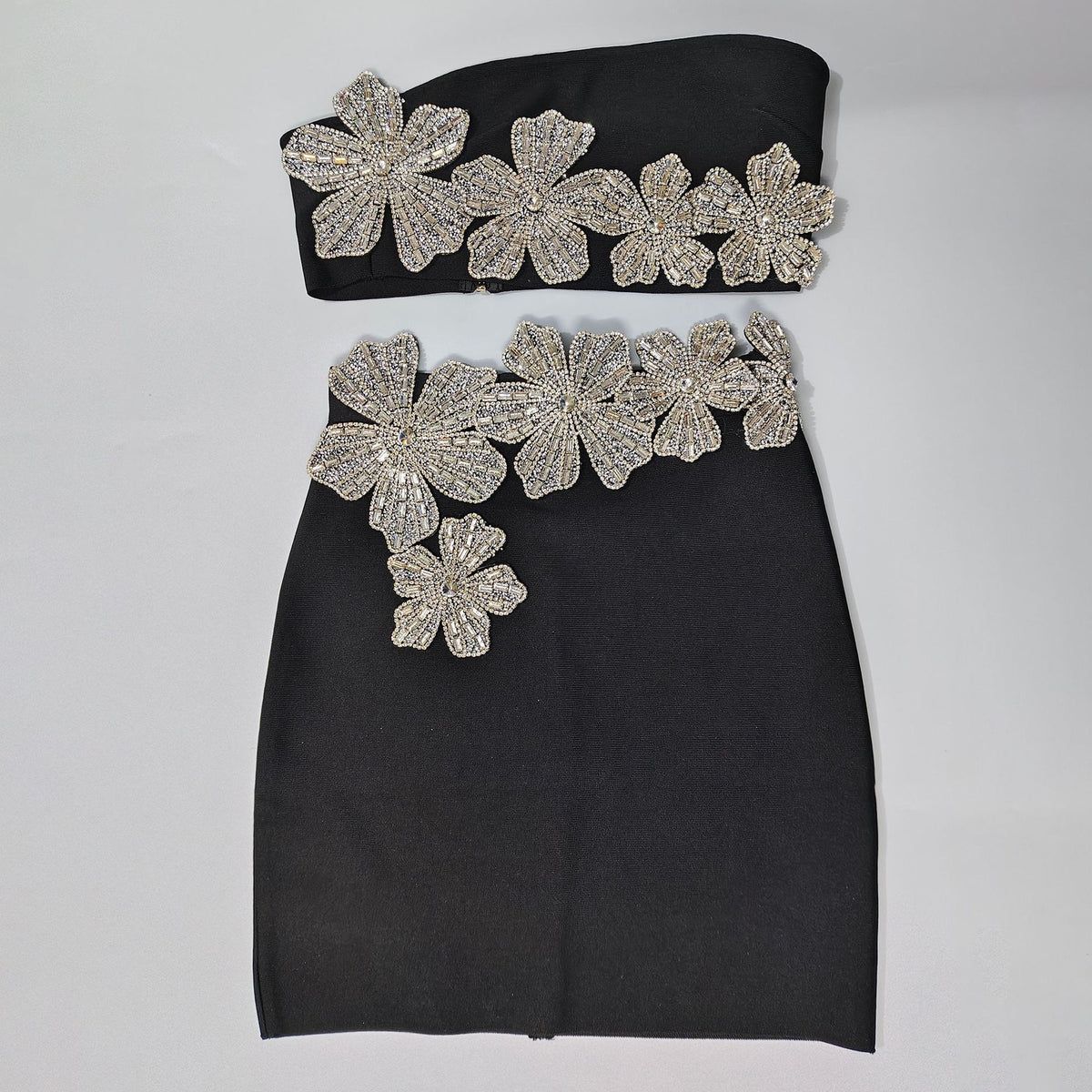 black black stretch fabric strapless tube top, fitted pencil skirt two-piece ensemble