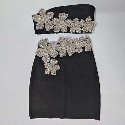 black black stretch fabric strapless tube top, fitted pencil skirt two-piece ensemble