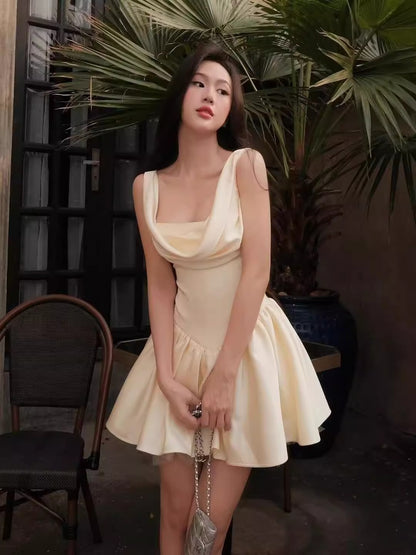 bernice backless pleated puffy Mini Dress - Champagne