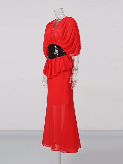 yvette v-neck fishtail bodycon maxi dress - red