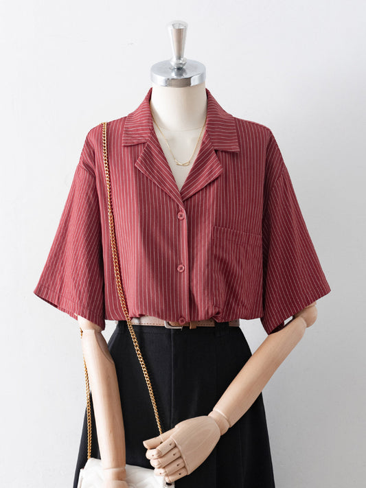 Vertical Stripe Notched Lapel Half Sleeve Loose Shirt With Chest Pocket