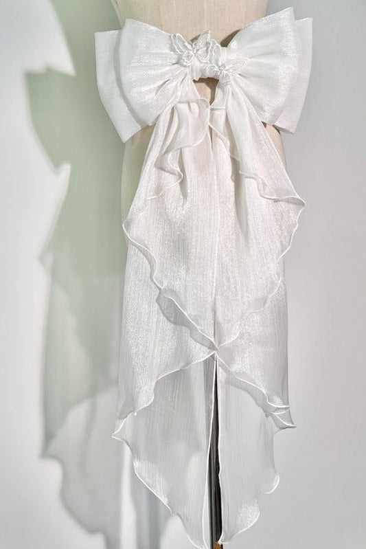 White Shimmer Organza Giant Bow Ruffle Long Trailing Bridal Waist Sash