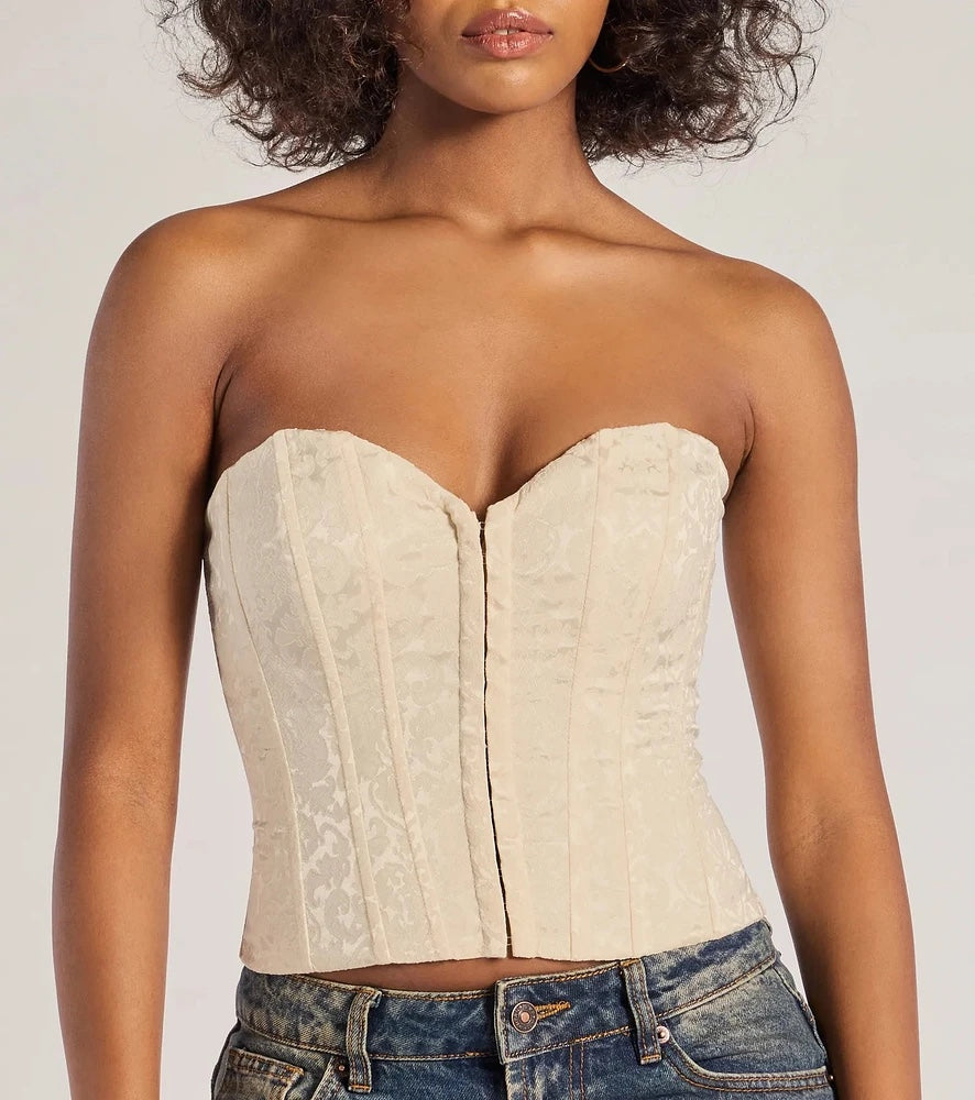 Brocade Satin Strapless Corset Top in white