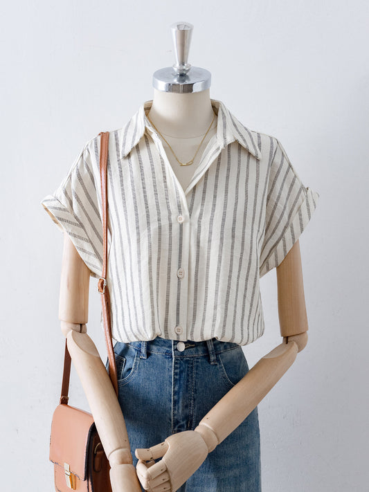 Vertical Stripe Point Collar Rolled Cap Sleeve Loose Shirt