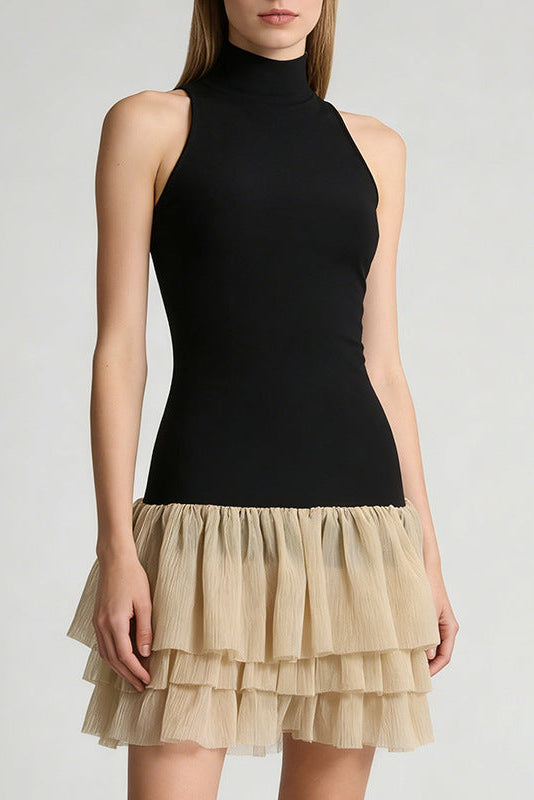 cynthia black ruched trim sleeveless puffy mini dress