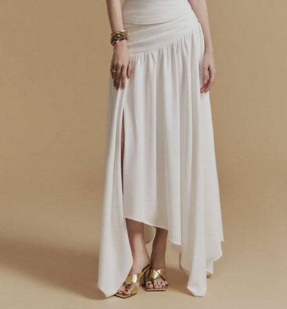 CASSIA Asymmetrical ruched top Midi Skirt set in white