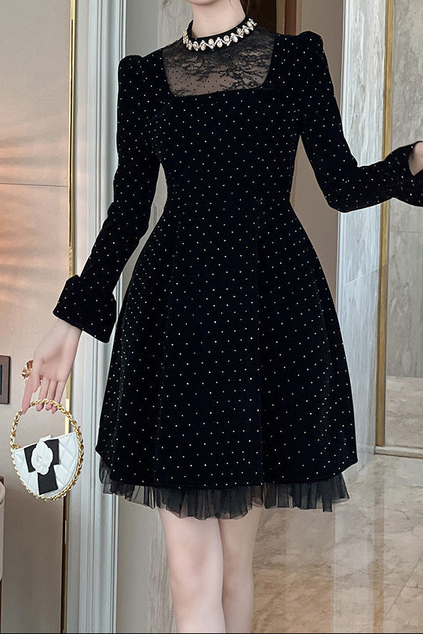 wendy Polka dots long sleeve velvet mini dress in black