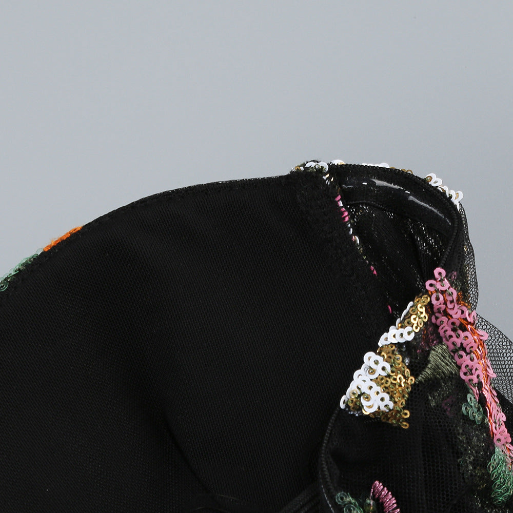 Black Floral Embroidered Mesh Column Dress