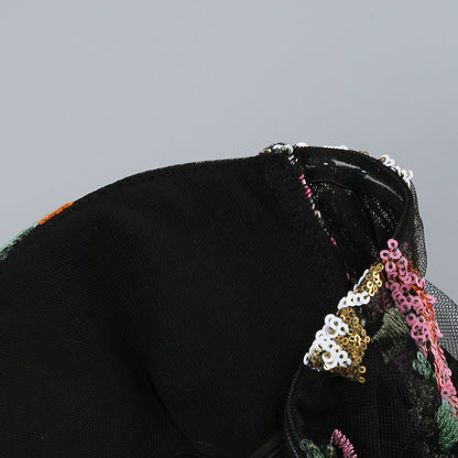 Black Floral Embroidered Mesh Column Dress