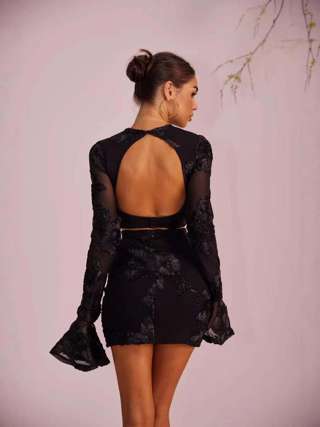 Black 3D Floral Mesh Long Sleeve Mini Dress with Back Cutout