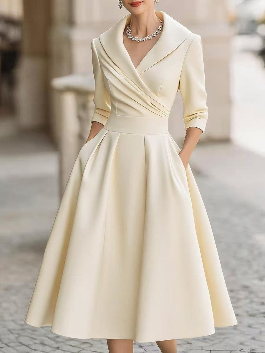 Lapel Collar Wrap V Neck Satin Midi Swing Dress