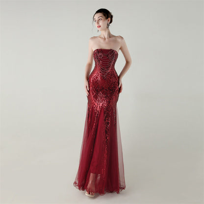sequin strapless tulle maxi dress