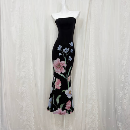 Black Floral Print Strapless Mermaid Maxi Dress