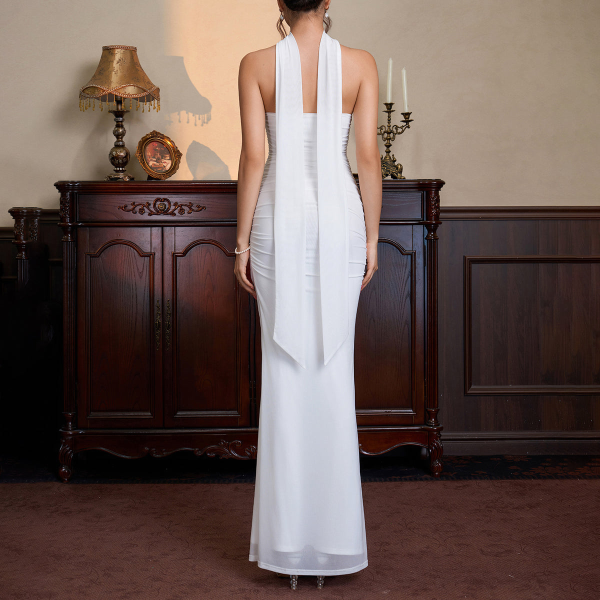 Choker Halter Ruched Mesh Midi Maxi Dress
