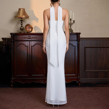 Choker Halter Ruched Mesh Midi Maxi Dress