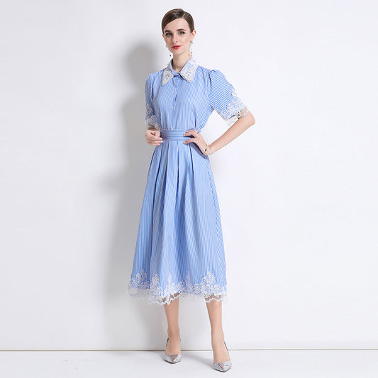 lace short sleeve striped shirt set