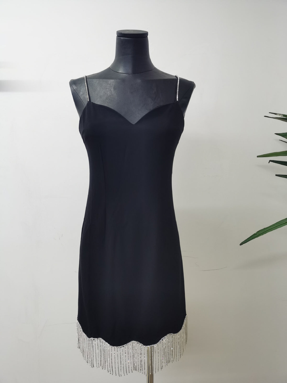 Black Structured Stretch Woven Bodycon Mini Dress with Rhinestone Fringe