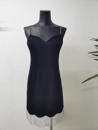 Black Structured Stretch Woven Bodycon Mini Dress with Rhinestone Fringe
