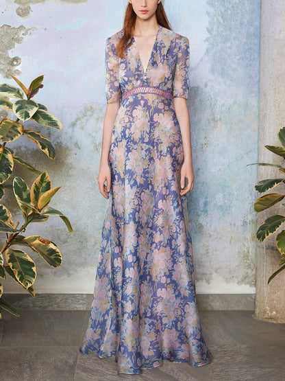 purple floral printed V-neck maxi dress