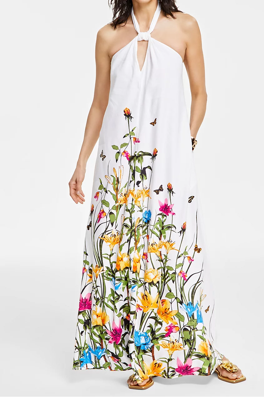 White Floral & Butterfly Print Halter Neck Maxi Dress