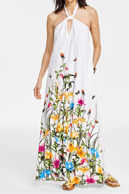 White Floral & Butterfly Print Halter Neck Maxi Dress