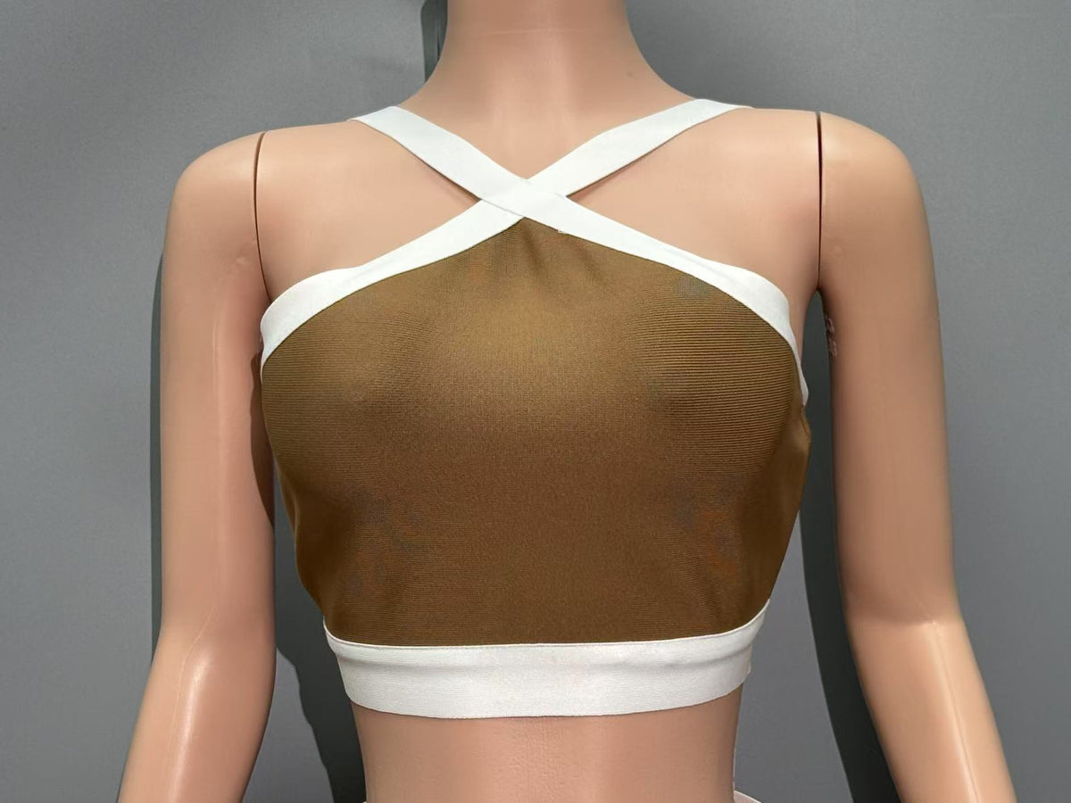 Brown Structured Knit Two-Piece Set with Criss-Cross Halter Crop Top and Maxi Skirt
