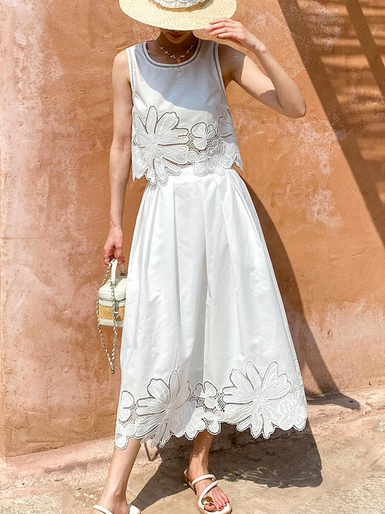 white cut-out top embroidered skirt suit