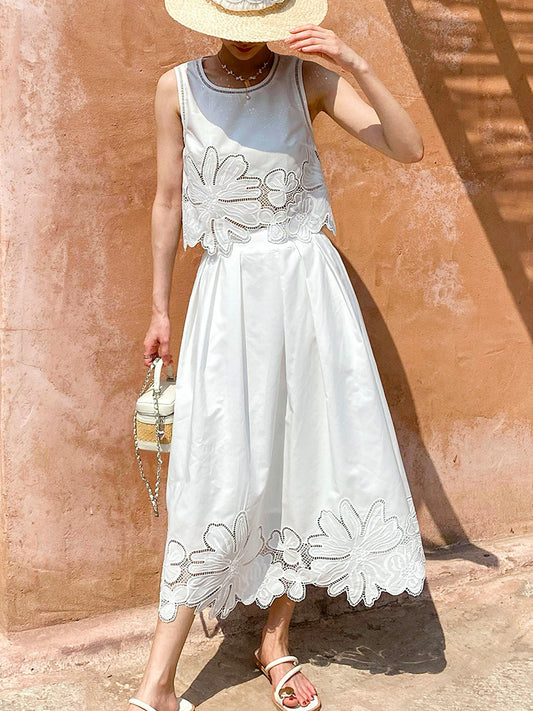 white cut-out top embroidered skirt suit