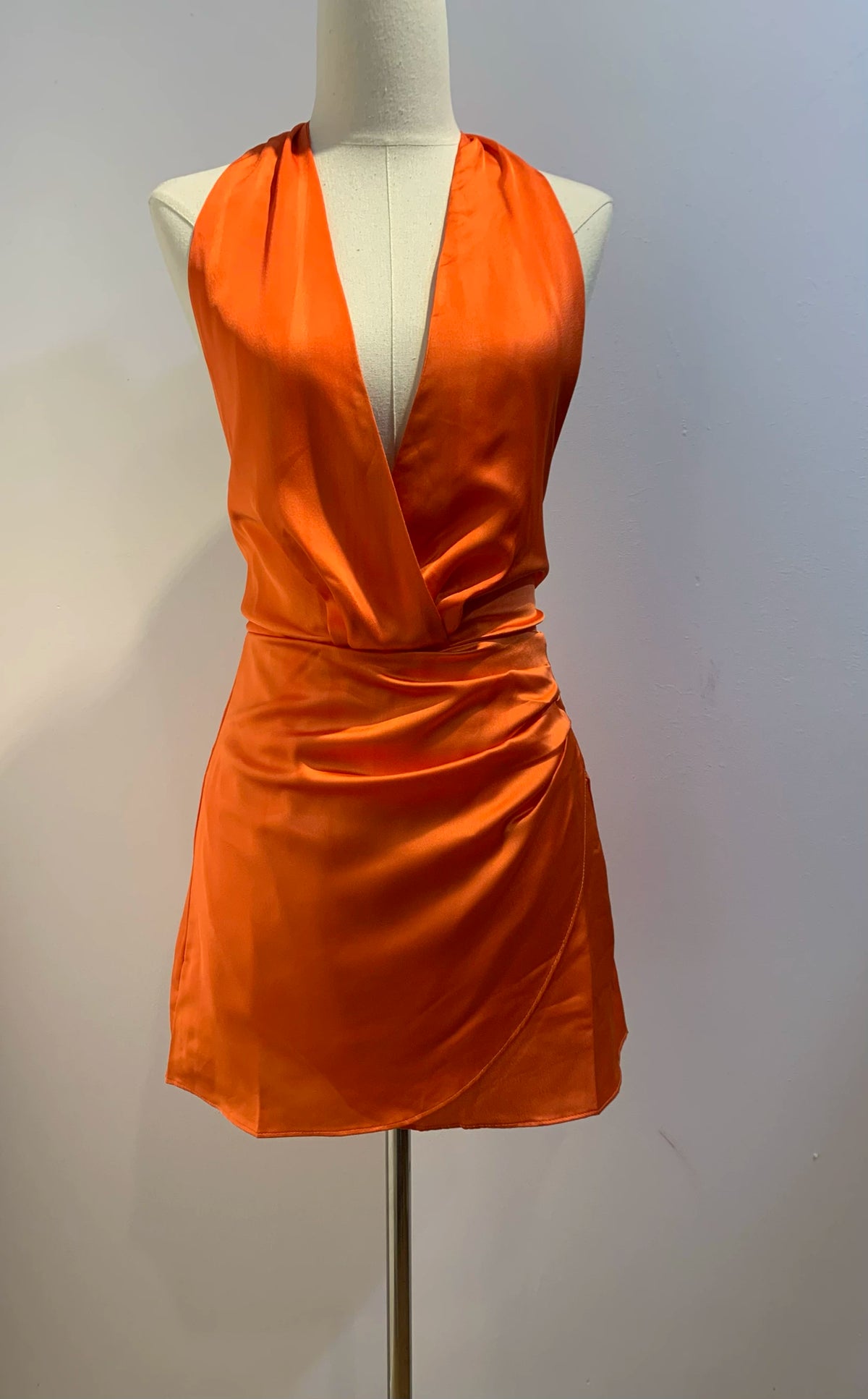 Satin Halter Wrap mini Dress in orange