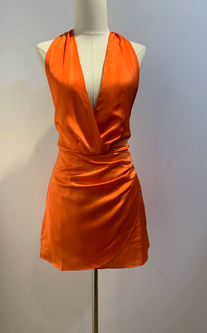 Satin Halter Wrap mini Dress in orange