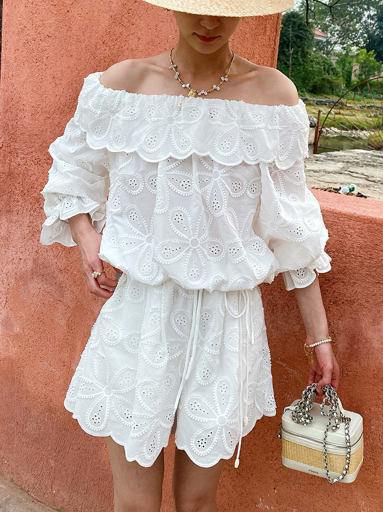 shoulder tops long sleeves embroidered openwork shorts